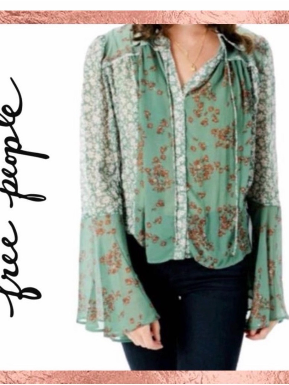 NWT Free People Serena top blouse shirt flowy belle sleeve floral emerald sheer